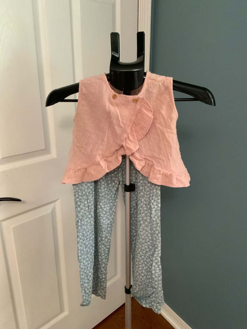 Vignette Pink Ruffle Top and Blue Floral Pants Set